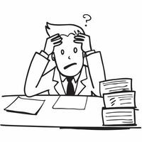 Senior executive looking at a large stack of paperwork appearing overwhelmed concept as A senior executive in a suit sitting at a desk with a large stack of paperwork looking overw Dynamics vector