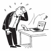 Senior manager looking at a failed IT infrastructure appearing devastated concept as A senior manager in a suit looking at a failed IT infrastructure report on his desk appearing d Dynamics vector
