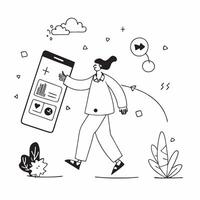 Social media analyst enjoying a relaxing walk in the park concept as A social media analyst enjoying a relaxing walk in the park while reviewing social media metrics on a smartphon Dynamics vector