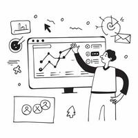 Social media analyst developing predictive analytics models concept as A social media analyst in an office developing predictive analytics models on a computer highlighting data sc Dynamics vector