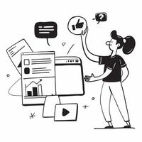 Social media manager curating content for different platforms concept as A social media manager in an office curating content for different social media platforms using a laptop hi Dynamics vector