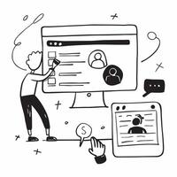 Social media consultant optimizing a clients social media profile concept as A social media consultant in an office optimizing a clients social media profile on a computer highligh Dynamics vector
