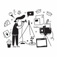 Social media influencer creating content in a home studio concept as A social media influencer in a home studio creating content using a camera and lighting equipment highlighting Dynamics vector