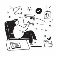 Social media manager enjoying a quiet evening with a tablet concept as A social media manager enjoying a quiet evening at home with a tablet browsing social media updates highlight Dynamics vector