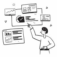 Social media manager tracking real time campaign performance concept as A social media manager in an office tracking real time campaign performance on multiple screens highlighting Dynamics vector