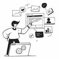 Social media manager curating content for different platforms concept as A social media manager in an office curating content for different social media platforms using a laptop hi Dynamics Set 2 vector