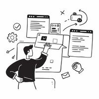 Social media manager using AI tools for content scheduling concept as A social media manager in an office using AI tools on a computer for content scheduling highlighting automatio Dynamics vector