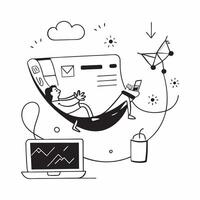 Social media strategist enjoying a hammock in the backyard concept as A social media strategist enjoying a hammock in the backyard brainstorming ideas on a tablet symbolizing relax Dynamics vector