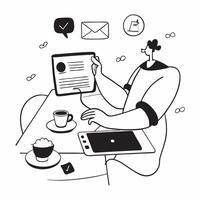 Social media specialist enjoying a relaxing afternoon tea concept as A social media specialist enjoying a relaxing afternoon tea while checking social media trends on a tablet high Dynamics vector