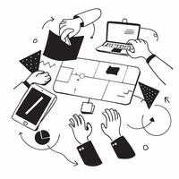 Startup team collaborating on a business plan concept as A icon illustration of a startup team collaborating on a business plan using laptops and digital tools with an 8 color pa Dynamic Dynamics vector