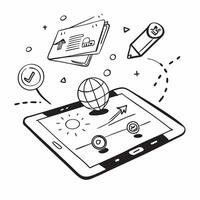 Tablet with holographic AI and business trip icons concept as Camera movement Slide across the tablet screen with a focus on glowing holographic AI and business trip icons Scene A Dynamics Set 2 vector