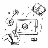 Tablet with holographic AI finance and wealth management icons concept as Camera movement Slide across the tablet screen with a focus on glowing holographic AI finance and wealth m Dynamics vector