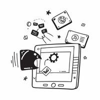 Tablet with holographic AI QA and performance icons concept as Camera movement Slide across the tablet screen with a focus on glowing holographic AI QA and performance icons Scene Dynamics vector