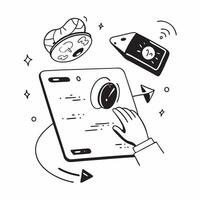 Tablet with holographic AI world food day expenses and travel icons concept as Camera movement Slide across the tablet screen with a focus on glowing holographic AI world food day Dynamics vector