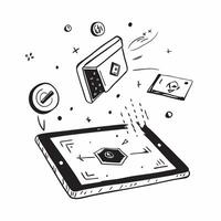 Tablet with holographic ransomware and encryption icons concept as Camera movement Slide across the tablet screen with a focus on glowing holographic ransomware and encryption icon Dynamics vector