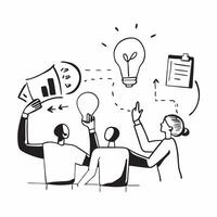 Team brainstorming ideas in a creative meeting room concept as A illustration of a team brainstorming ideas in a creative meeting room using a 3 color scheme to highlight in Dynamics vector