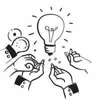 Team brainstorming session with lightbulb concept as A team brainstorming session blended with a lightbulb symbolizing creativity and innovation during a company open house Ideal Dynamics vector