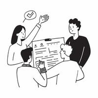 Team discussing customer feedback in a business meeting concept as A illustration of a team discussing customer feedback in a business meeting using a 3 color scheme to high Dynamics vector