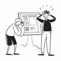 Team lead looking at a failed AI project appearing stressed concept as A team lead in a casual outfit looking at a failed AI project on a computer screen appearing stressed and dis Dynamics vector