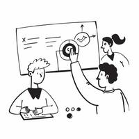 Team members discussing quarterly targets in a business meeting concept as A illustration of team members discussing quarterly targets in a business meeting using a 3 color Dynamics vector