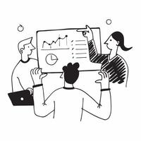 Team members discussing market trends in a business meeting concept as A illustration of team members discussing market trends in a business meeting using a 3 color tone to Dynamics vector