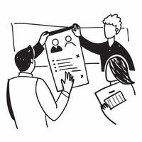 Team members collaborating on a business report in a meeting concept as A illustration of team members collaborating on a business report in a meeting using a 3 color palett Dynamics vector