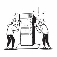 Team of developers looking at a crashed server appearing stressed and disappointed concept as A team of developers in casual attire looking at a crashed server in a server room app Dynamics vector