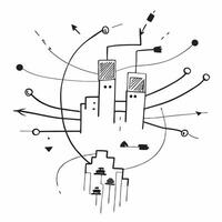 Top view of a cityscape with overlay of tech symbols symbolizing digital transformation in double exposure with copy space concept as A top view of a cityscape blended with tech s Dynamics Set 2 vector