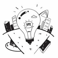 Top view of a cityscape with a light bulb overlay symbolizing urban innovation in double exposure with copy space concept as A top view of a cityscape blended with a light bulb re Dynamics vector