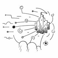 Top view of a cityscape with overlay of tech symbols symbolizing digital transformation in double exposure with copy space concept as A top view of a cityscape blended with tech s Dynamics Set 3 vector