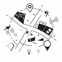 Top view of a cityscape with overlay of tech symbols symbolizing digital transformation in double exposure with copy space concept as A top view of a cityscape blended with tech s Dynamics Set 9 vector