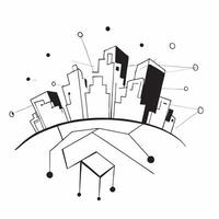 Top view of a city skyline with overlay of digital network lines symbolizing urban connectivity in double exposure with copy space concept as A top view of a city skyline blended Dynamics vector