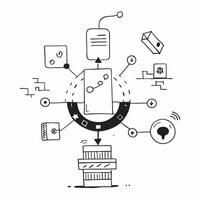 Top view of a cityscape with overlay of tech symbols symbolizing digital transformation in double exposure with copy space concept as A top view of a cityscape blended with tech s Dynamics Set 10 vector