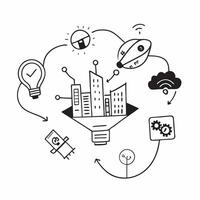 Top view of a city with smart home icons overlay symbolizing tech integrated living in double exposure with copy space concept as A top view of a city blended with smart home icon Dynamics vector