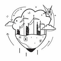 Top view of a city with wind turbines overlay symbolizing renewable energy integration in double exposure with copy space concept as A top view of a city blended with wind turbine Dynamics vector