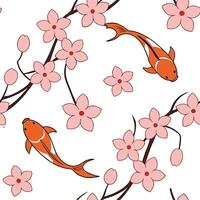 Traditional Japanese cherry blossoms and koi fish seamless tile pattern with delicate pinks and vibrant oranges for serene home decor concept as Delicate cherry blossoms and vibran Dynamics vector