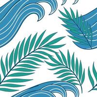 Tropical summer waves seamless pattern with palm leaves and wave textures for exotic beach themed designs concept as Tropical beach wave pattern with palm leaves and wave textures Dynamics vector