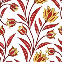 Turkish vibrant kilim patterns and tulips seamless tile pattern with rich reds and vibrant yellows for cultural decor concept as Rich red and vibrant yellow kilim patterns with tul Dynamics vector