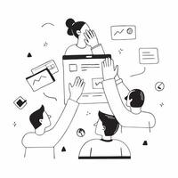 Virtual team collaborating on a digital platform concept as A illustration of a virtual team collaborating on a digital platform using a 3 color scheme to emphasize remote t Dynamics vector