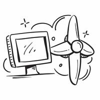 Wind turbine and computer monitor concept as A wind turbine paired with a computer monitor representing the integration of wind energy in powering IT devices ideal for isolated vec Dynamics vector