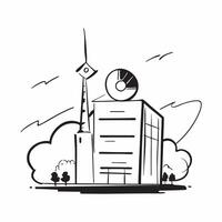 Wind turbine and office building concept as A wind turbine paired with an office building symbolizing the integration of renewable energy in corporate structures ideal for clean an Dynamics vector