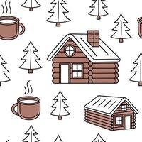 Winter seamless pattern with hot drinks warm blankets and snowy cabins for a cozy cabin retreat look concept as Cozy winter cabin pattern with hot drinks blankets and snowy cabins Dynamics vector