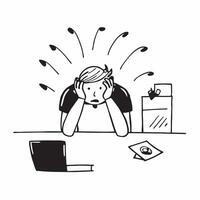 Young entrepreneur sitting in a small office looking defeated concept as A young entrepreneur sitting alone in a small cluttered office looking defeated with hands clasped in front Dynamics vector