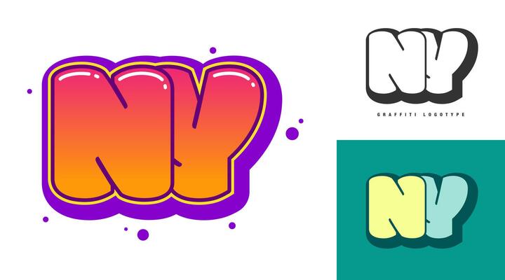 NY logo design for festival or party. Initial letter n and y in graffiti style. Creative modern lettering company name of font typography. Kids trendy logotype or identity.