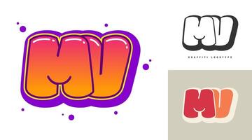 MV logo design for festival or party. Initial letter m and v in graffiti style. Creative modern lettering company name of font typography. Kids trendy logotype or identity. vector