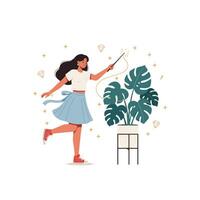Woman with Magic Wand Touches Plant Bringing Sparkle and Charm vector