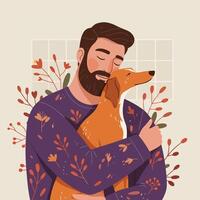 Man Hugging Dog Illustration with Floral Design Element Pet Concept vector