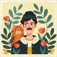 Man with Mustache and Orange Cat Portrait with Floral Decoration vector