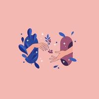 Two Hands Exchanging Berry Branch in Stylized Floral and Cosmic Design vector