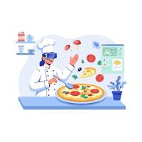 Chef Cooking Pizza in Virtual Reality with Floating Ingredients Design vector